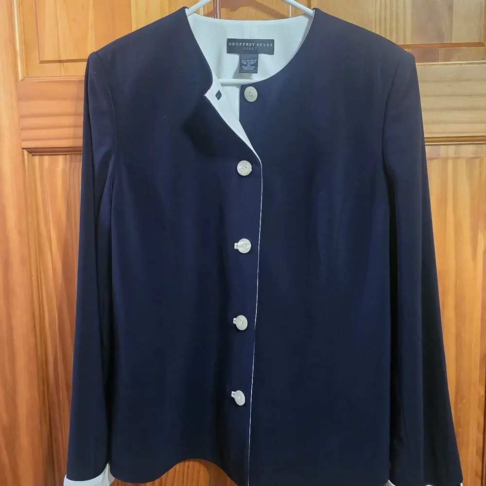 Geoffrey Beene Sport Women's Blue White Button Front Blazer Jacket Size 12 - Picture 1 of 4